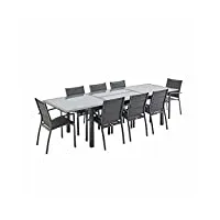 alice's garden - salon de jardin table extensible - philadelphie gris anthracite - table en aluminium 200/300cm. plateau de verre. rallonge et 8 fauteuils en textilène