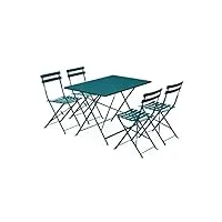 alice's garden - salon de jardin bistrot pliable - emilia rectangulaire bleu canard - table rectangulaire 110x70cm avec quatre chaises pliantes. acier thermolaqué