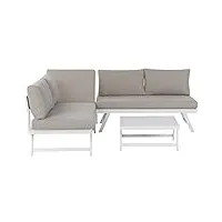 salon de terrasse ou jardin canapé modulable et table basse assortie en aluminium blanc avec coussins taupe siège relevable et design moderne beliani