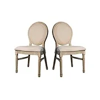 eme chaise médaillon style luis xvi en bois de bouleau massif vieilli contient deux unités de chaises. dossier en tissu lin beige. assise rembourrée en lin beige. empilable.