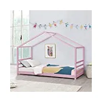 [en.casa] lit d'enfant design maison lit cabane pin contreplaqué solide rose 206 x 98 x 142 cm
