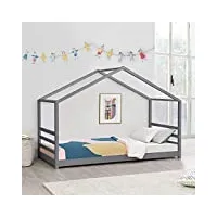 [en.casa] lit d'enfant design maison lit cabane pin contreplaqué solide gris foncé 206 x 98 x 142 cm