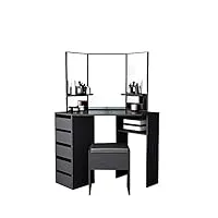 panana coiffeuse, table de maquillage de coin en mdf avec 3 miroirs, 5 tiroirs, 1 compatiment et tabouret pour chambre, 109 cm (l) x 55 cm (l) x 140 cm (h)(noir)