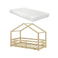 lit d'enfant design en forme maison avec grille de protection lit cabane construction solide avec matelas à mousse à froid bois de pin 200 x 90 cm naturel