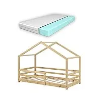 lit d'enfant design en forme maison avec grille de protection lit cabane construction solide avec matelas orthopédique bois de pin 140 x 70 cm naturel