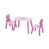homcom ensemble table et chaises enfant design princesse motif couronne bois pin mdf rose