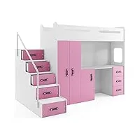 interbeds lit mezzanine max 4 en 80x200 avec bureau, armoire, matelas, sommier et escalier (blanc+rose)
