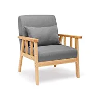 mondeer- fauteuil salon - tissue de lin avec cadre en bois massif chaise rétro avec oreiller, convient au chambre à coucher salon balcon bureau, gris foncé