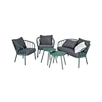 greemotion mobilier de jardin nice pour 4 personnes, ensemble de 2 chaises, 2 tables et 1 banc en acier robuste avec coussins en polyester, vert/gris