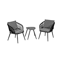 greemotion mobilier de jardin lyon pour 2 personnes, ensemble de 2 chaises et 1 table en acier robuste avec coussins en polyester, anthracite/gris