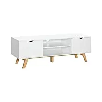 homcom meuble tv banc tv sur pied moderne scandinave 2 portes 2 niches en bois blanc 150l x 39l x 50h cm