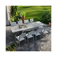 table de jardin extensible aluminium 270cm + 8 fauteuils empilables textilène gris - lio 8.