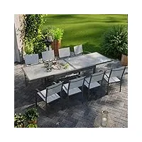 avril paris table de jardin extensible aluminium 270cm + 8 fauteuils empilables textilène anthracite gris - lio 8.