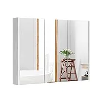 goplus armoire murale salle de bain avec miroir, 3 portes et 3 etagères hauteur réglable, meuble de rangement de toilette, 90 x 11 x 65 cm, blanc