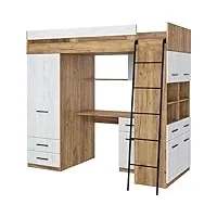 furniturebyjdm lit mezzanine avec bureau, tiroirs, armoire et bibliothèque – level droit – (craft or/craft blanc)