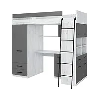 furniturebyjdm lit mezzanine avec bureau, tiroirs, armoire et bibliothèque – level droit – (craft blanc/graphite)