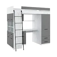 furniturebyjdm lit mezzanine avec bureau, tiroirs, armoire et bibliothèque – level gauche - (craft blanc/graphite)
