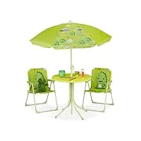 relaxdays ensemble chaise table de camping, pour enfants, meubles, avec parasol, pliables, motif monstre, jardin, vert