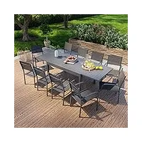 avril paris table de jardin extensible en aluminium 270cm + 10 fauteuils empilables textilène anthracite - milo 10.