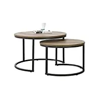 [en.casa] set de 2 tables basses rondes gigognes table de salon panneaux de particules métal tailles différentes effet bois foncé noir