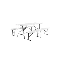 alice's garden - set de table et bancs de réception. 180cm. pliables. avec poignée de transport. plastique blanc. table de camping