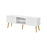 meuble tv design support télé banc avec 2 portes et 2 Étagères panneau de particules mélaminé pieds en bois avec revêtement pvc 120 x 30 x 47 cm blanc