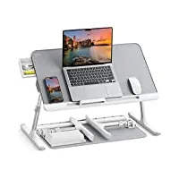 saiji table de lit pour ordinateur portable pliante réglable en cuir pvc avec tiroir de rangement déflecteur en silicone amovible pour lit, canapé, sol（gris）