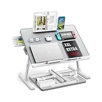 saiji table lit pour ordinateur portable pliante réglable en cuir pvc avec tiroir de rangement déflecteur en silicone amovible, étagère à livres, fente plate (gris)