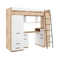 lit mezzanine avec bureau, tiroirs, armoire et bibliothèque – smyk droit – (chêne sonoma/blanc)