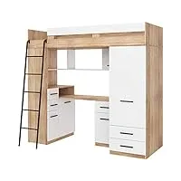 lit mezzanine avec bureau, tiroirs, armoire et bibliothèque – smyk gauche – (chêne sonoma/blanc)