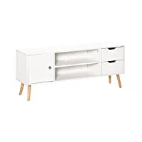 homcom meuble tv banc tv style scandinave placard 2 niches 2 tiroirs passe-fils panneaux particules blanc bois pin
