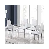 goldfan table et 4 chaises table à manger en verre table rectangulaire table cuisine table en verre chaise en cuir, blanc