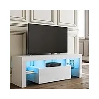 sirhona meuble tv led blanc, banc tv 130x35x45cm, Éclairage led rgb avec couleur réglable, capacité de charge 30 kg, convient pour salon ou chambre