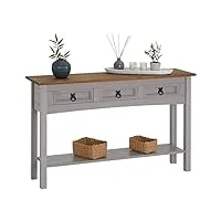 idimex console ramon meuble avec 3 tiroirs et 1 Étagère, table console d'entrée en pin massif, poignée en métal, en pin massif gris et brun