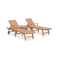 vidaxl chaises longues 2 pcs avec table bain de soleil de patio transat de jardin meuble de terrasse extérieur bois de teck solide