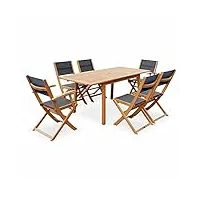 alice's garden - salon de jardin en bois extensible - table 120/180cm avec rallonge. 2 fauteuils et 4 chaises. en bois d'eucalyptus huilé et textilène noir