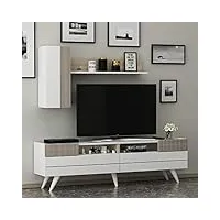 moon ensemble de salon – meuble tv – banc tv en bois avec 2 portes et étagères murales au design moderne pour le salon (blanc/avola)