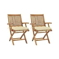vidaxl 2x bois de teck massif chaises de jardin avec coussins fauteuils de patio chaises de terrasse chaises pliables d'extérieur blanc crème