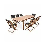 alice's garden - salon de jardin en bois extensible - almeria - table 180/240cm avec rallonge. 2 fauteuils et 6 chaises. en bois d'eucalyptus huilé et textilène noir