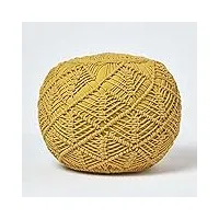 homescapes pouf tressé en coton macramé jaune moutarde, repose-pieds en crochet, pouf rond 40 x 50 cm