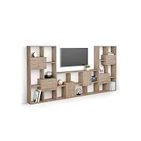 mobili fiver, meuble tv iacopo, chêne naturel avec portes, 321 cmx28 cmx160.8 cm, meuble tv design pour tv jusqu'à 65'' tv, made in italy