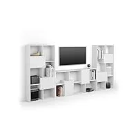 mobili fiver, meuble tv iacopo, frêne blanc avec portes, 321 cmx28 cmx160.8 cm, meuble tv design pour tv jusqu'à 65'' tv, made in italy