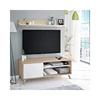 loungitude - laura - meuble tv - 2 niches - 1 porte avec son étagère murale - blanc/chêne - l135 x p40 x h50cm