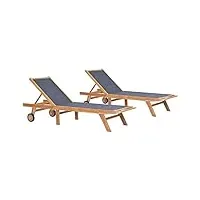 vidaxl 2x teck chaises longues pliables avec roulettes transat de patio bain de soleil d'extérieur chaise longue de terrasse jardin plage textilène