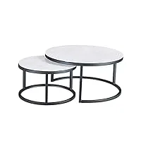 meubletmoi table basse ronde gigogne en céramique blanc et piètement métal - design moderne industriel - oxy