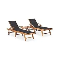 vidaxl chaises longues 2 pcs avec table et coussin transat de patio bain de soleil d'extérieur chaise longue de terrasse jardin bois de teck solide