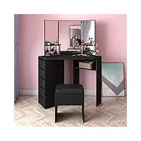 panana coiffeuse, table de maquillage de coin en mdf avec 3 miroirs, 5 tiroirs, 1 compatiment et tabouret pour chambre, 109 cm (l) x 55 cm (l) x 140 cm (h) (noir)