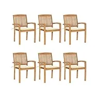 vidaxl 6x teck solide chaises de jardin empilables avec coussins fauteuils de terrasse fauteuils de salle à manger d'extérieur chaises de patio