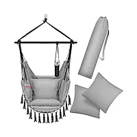 kesser® fauteuil suspendu avec 2 coussins, porte-gobelet et rangement pour livres | fauteuil suspendu safari xxl pour adultes et enfants | hamac d'une charge maximum de 150 kg | gris