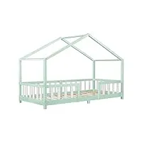 lit d'enfant design en forme maison avec grille de protection construction solide capacité de charge 100 kg bois de pin contreplaqué 200 x 90 cm menthe blanc mat laqué